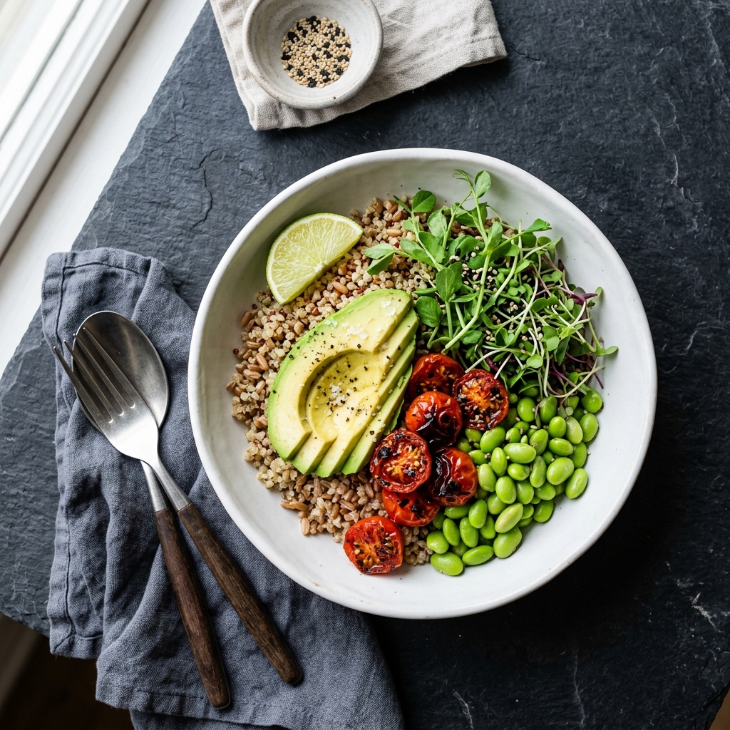 Fresh botanical grain bowl with avocado and microgreens